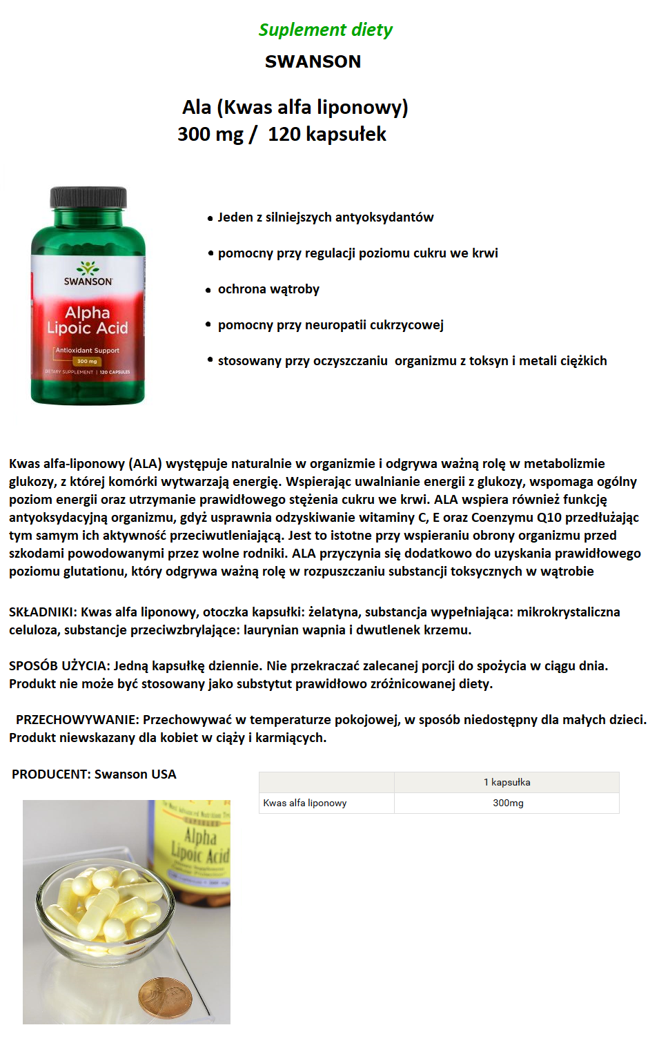 Ala Kwas Alfa Liponowy 300 Mg Swanson 120 Kapsułek