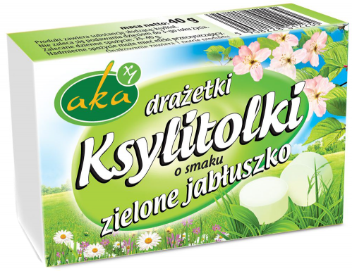 DRAŻETKI PUDROWE KSYLITOLKI BEZ CUKRU O SMAKU ZIELONEGO JABŁKA AKA