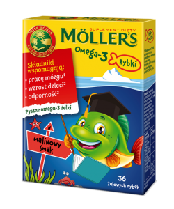 Moller\'s Tran RYBKI dla dzieci Omega 3 MALINA malinowe