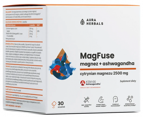 AURA HERBALS MagFuse MAGNEZ cytrynian ASHWAGANDHA KSM-66 KONCENTRACJA